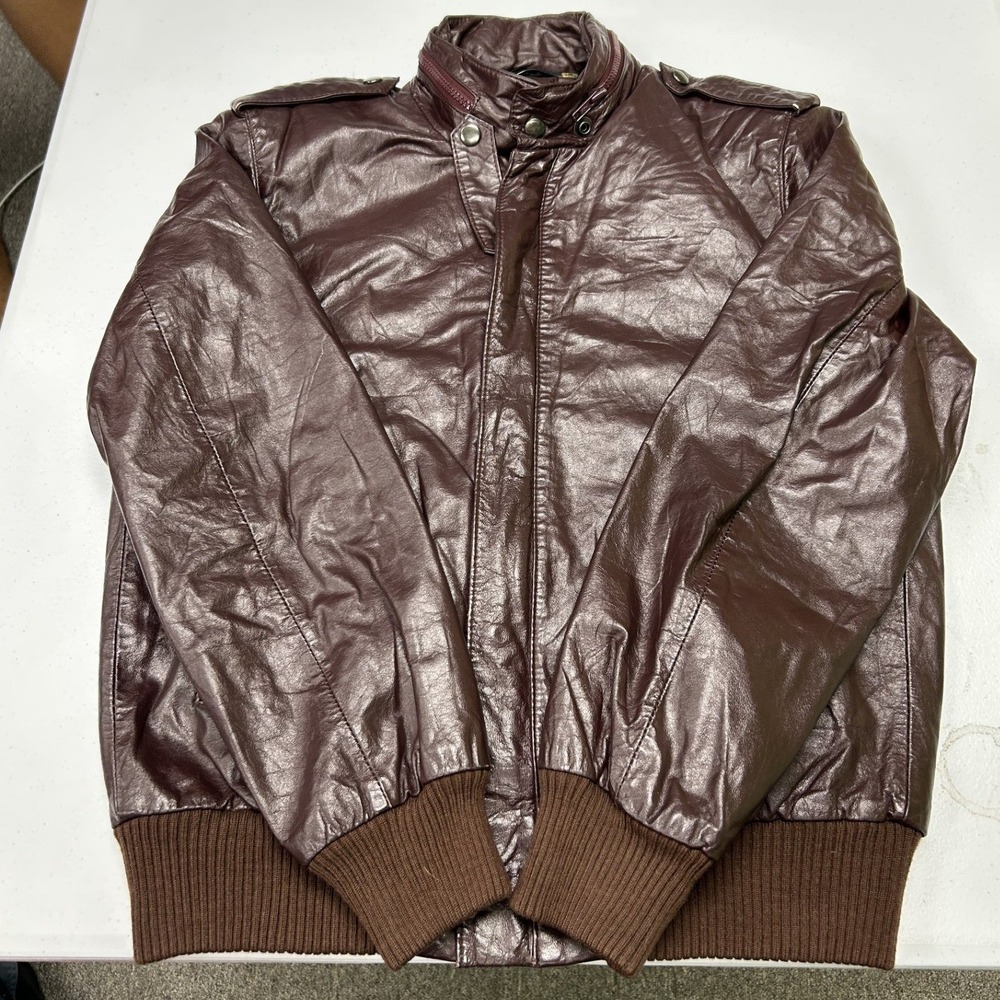 Niko Bomber Jacket womans M Brown Faux Leather Fur Lined Ribbed Trim Epaulets